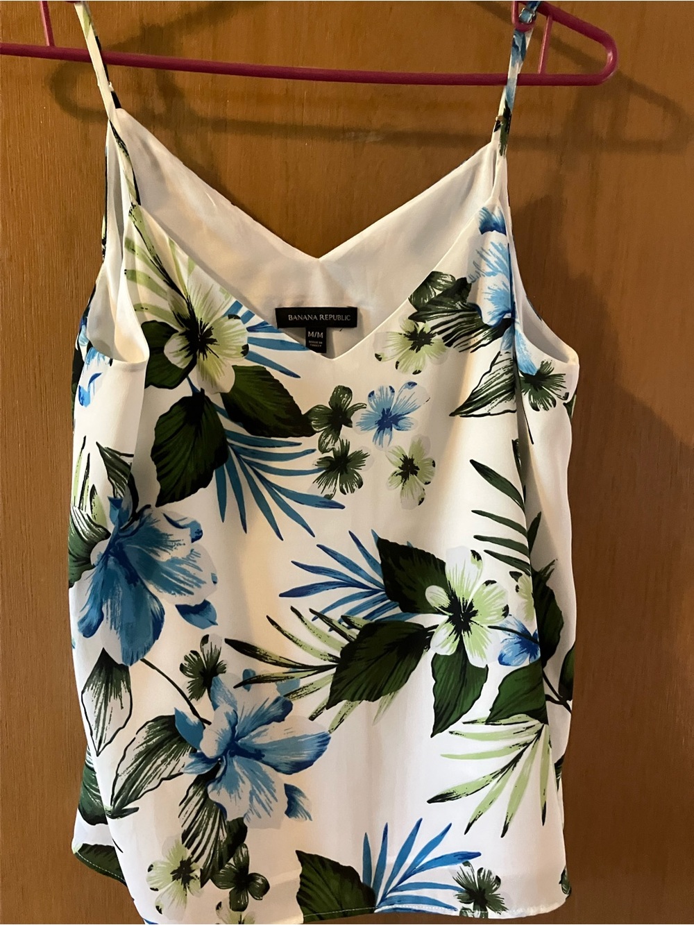 Banana Republic White Floral V-Neck Cami with Blue and Green Botanicals